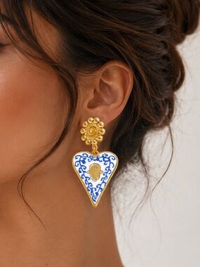 Royal Blue Gold Heart Hamsa Drop Earrings